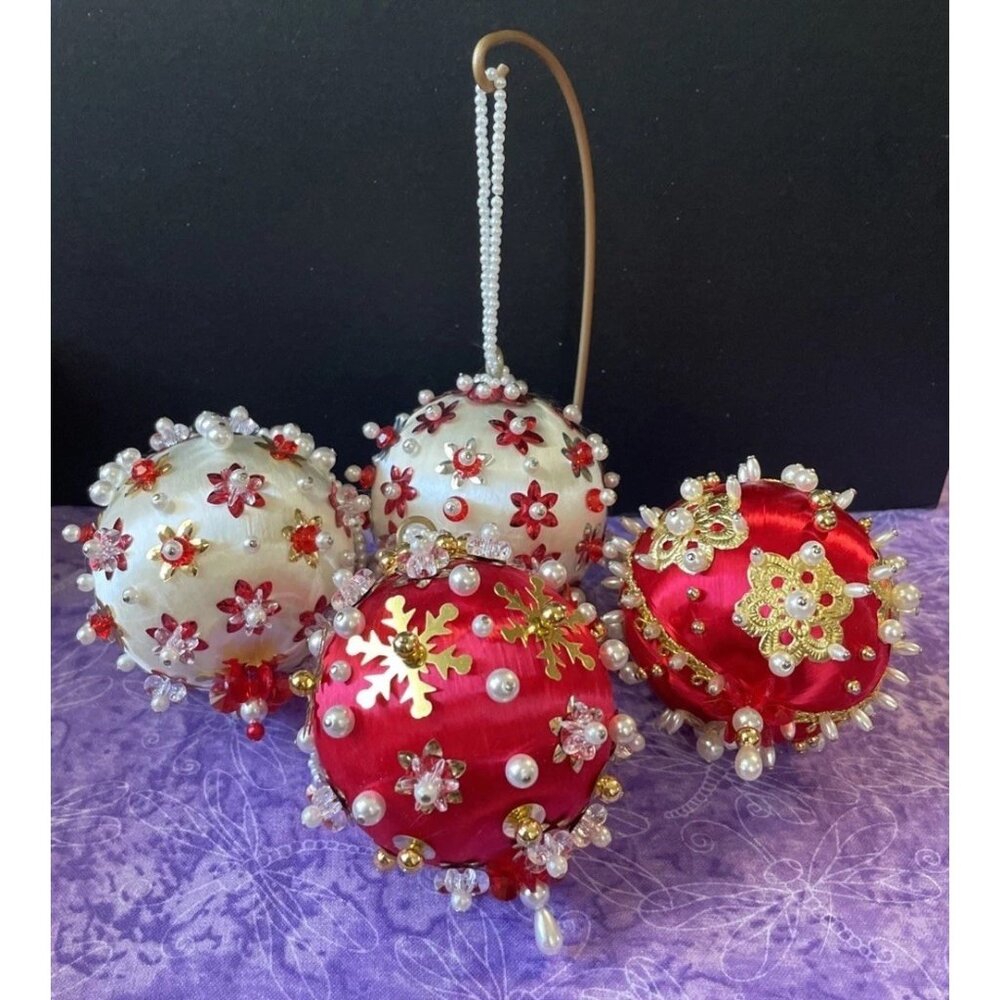 Handcrafted Beaded Sequin‎ Christmas Ornaments Push Pin Satin Red White Lot Of 4